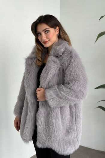 Safgiyim44 Women's Jacket Collar Faux Long Fur Coat Gray
