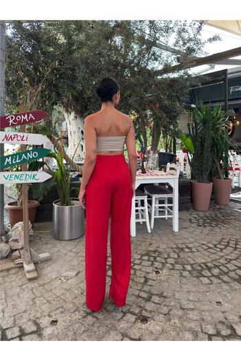 WeShaya Red Linen Blend Straight Leg Trousers
