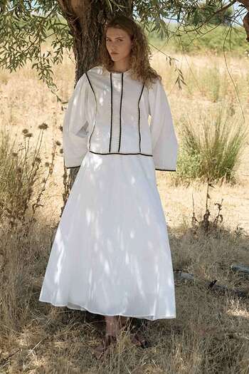 Hooopstore Voile Ecru Skirt Suit with Stripe Detail