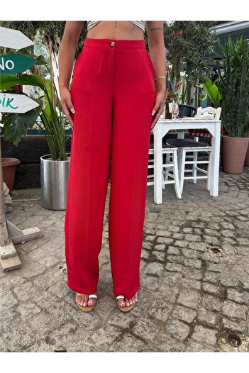 WeShaya Red Linen Blend Straight Leg Trousers