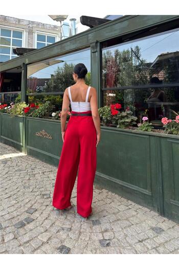 WeShaya Red Linen Blend Belted Trousers