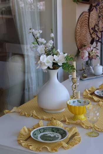 vintagetasarım Supla Round American Service Yellow Floral Ruffled Vintage 2 Pieces Duck Linen 34X34Cm