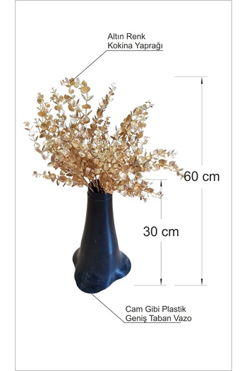 M3DECORİUM Ev Ofis Hediyesi Masa Sehpa Süsü Uzun 60 cm Altın Renk Kokina Yaprakları Yapay Bitki Vazolu Çiçek
