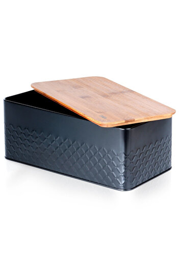 shumee Metal bread bin with wooden top, black, 33.5x18.5x12.5 cm