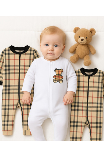İZYALİF BABY Baby Boy Girl 3-Piece Teddy Bear Jumpsuit Set with Zipper Without Booties