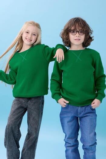 Perendi Unisex Basic Crew Neck Hooded Winter Sweatshirt - Green