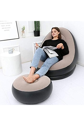 LONEEDY Inflatable Leisure Sofa Chair and Footstool Outdoor Folding Lounger Sofa Flocking Lazy Couch (Brown)