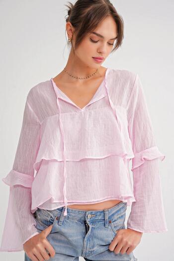 Mixray 4735 Women's Long Sleeve Ruffle Tie Blouse Pink