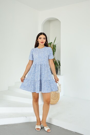 Kübra Tekstil Mini rochie Lupinn pentru femei, albastru, alb, cu imprimeu – croială confortabilă, mâneci scurte, combinație casual și elegantă de vară