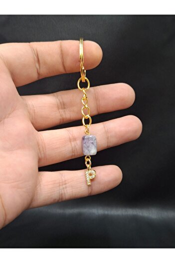 Han Ticarethane Gold Color Stone P Letter Purple Amethyst Stone Keychain Charm
