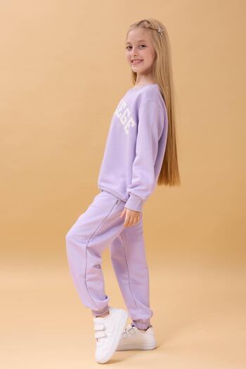 Perendi Girl's Crew Neck Embossed Lettering Detailed 2-Piece Tracksuit Set Without Sharps - Lilac