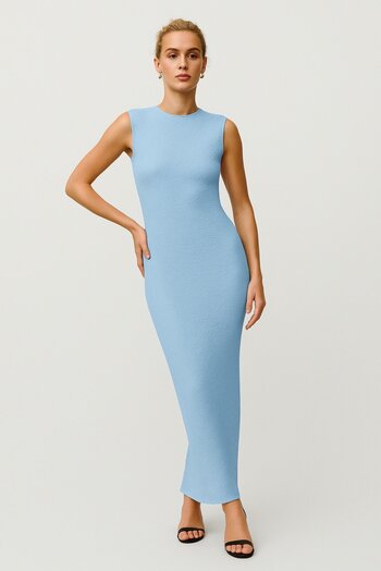 HAKKE Wide neck side gathered zero sleeve seersucker dress