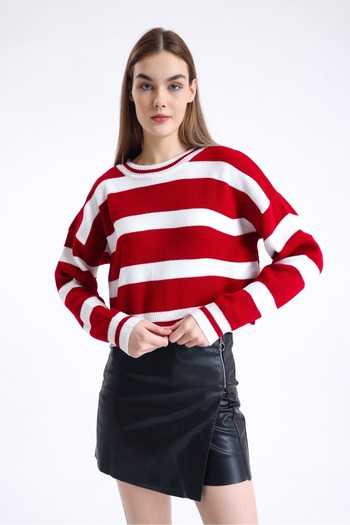 sole stories Women's Premium Soft Texture Crew Neck Striped Long Sleeve Crop Sweatshirt