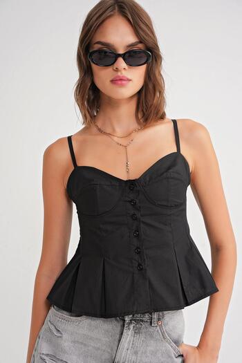 Mixray 4737 Women's Buttoned Cup Pleated Blouse Black