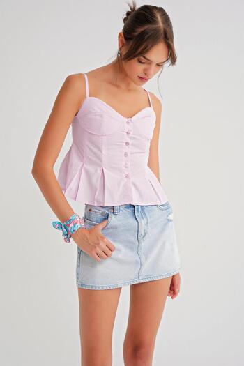 Mixray 4737 Kadın Düğmeli Kuplu Pileli Bluz Pembe