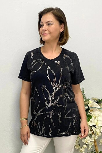 Mia Butik Women's Black Embossed Foil Printed Blouse