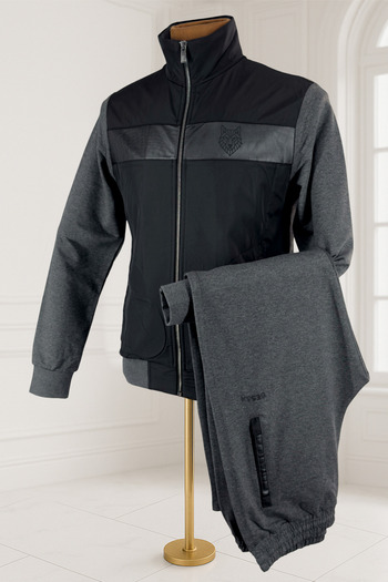 BESSA Smoked Stand Collar Wolf Printed Tracksuit Set Parachute Fabric Detailed Zippered Pocket Straight Leg Men