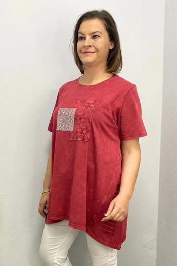 Mia Butik Women's Burgundy Washed Cotton Floral Embroidered Blouse