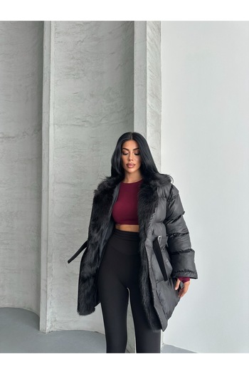 MEECY Women's Fur Collar Belted Premium Coat