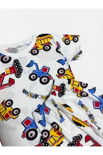 Fil Kids Boy's Cotton White Business Machinery Pattern Crew Neck Short Sleeve Shorts Summer Pajamas Set