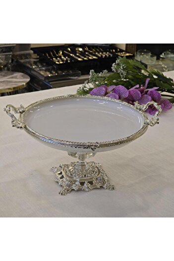 AlyaHomeAksesuar Round Porcelain Serving Plate with Metal Frame and Casting Feet 30 cm Silver