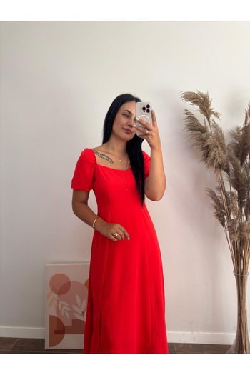 DUSOHOME Balloon Sleeve Square Neck Slit Maxi Dress
