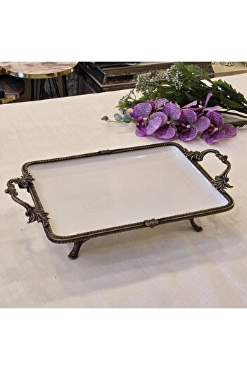 AlyaHomeAksesuar Metal Framed Rectangular Porcelain Serving Plate 30X22 cm Antique