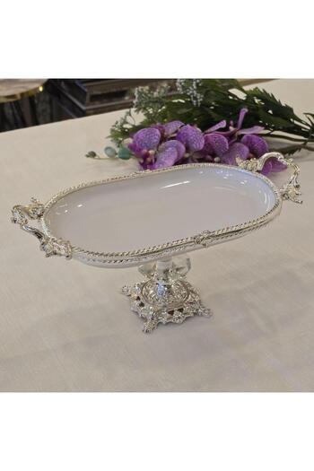 AlyaHomeAksesuar Metal Framed Casting Footed Oval Porcelain Serving Plate 25X15 cm Silver