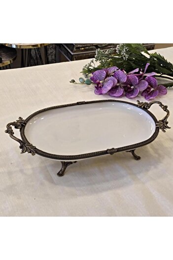 AlyaHomeAksesuar Metal Framed Oval Porcelain Serving Plate 25X15 cm Antique