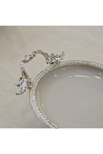 AlyaHomeAksesuar Metal Framed Oval Porcelain Serving Plate 25X15 cm Silver