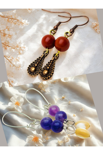 ayrestyle Jasper & Amethyst Natural Stone 2-Piece Earring Set, Authentic Natural Stone Women's Earrings with Dangle