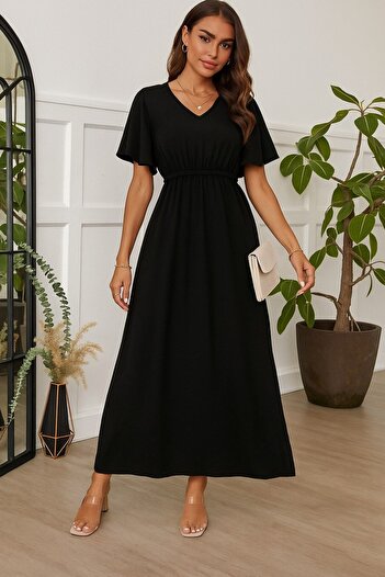buğrahayalin Women's Short Sleeve V-Neck Long Viscose Dress with Elastic Waist