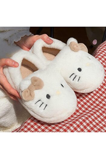 Genel Markalar Bej Hello Kitty Yumuşak Tüylü Peluş Panduff Terlik -BLN