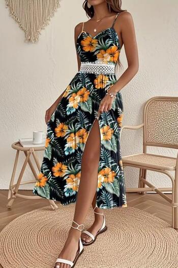 Mossta Patterned Dress with Rope Strap, Low Waist and Slit - Orange