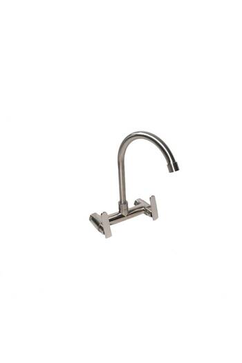 RAY Kitchen faucet, double control, with swan neck spout, wall-mounted, satin stainless steel