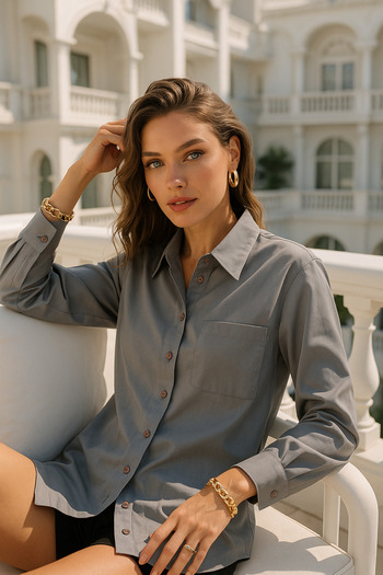 Rich Women's Poplin Pocket Detailed Shirt - Trend Button Slim Fit Shirt