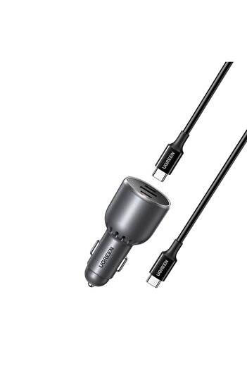 Ugreen Car Charger for Phone, Laptop, Fast Charge, LED Light, 2x USB-C, 130W, Type-C Cable, EC705, Gray