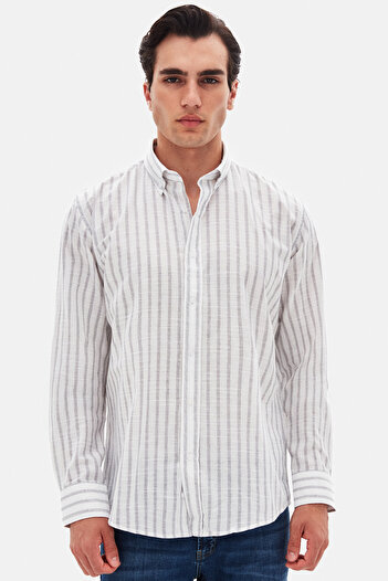 D'S Damat Ds Damat Slim Fit Gray Striped 100% Cotton Summer Linen Shirt