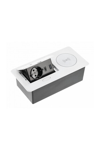GTV Priză dreptunghiulară încorporată, 1 priză schuko, 2 USB A, cablu de 1,5 m, alb, încărcare wireless,