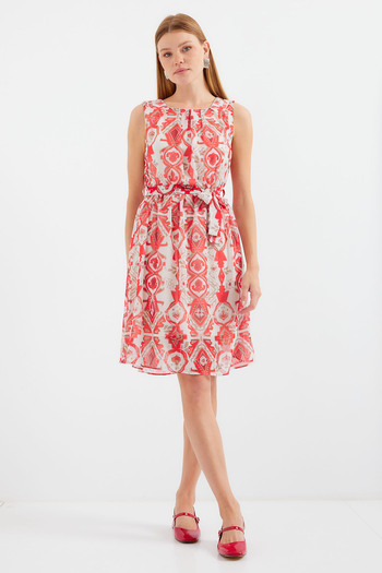 Merterium Women's Patterned Zero Sleeve Chiffon Dress Red 1161