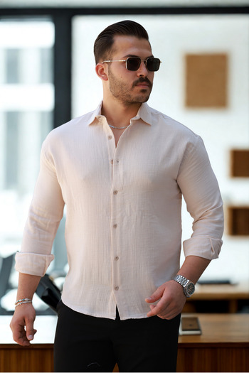 COMBİNE MİCHAİL Ανδρικό λινό πουκάμισο Loose Muslin Cream