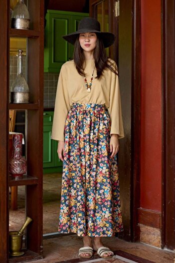 Ceylan Otantik Yellow Floral Patterned Balloon Skirt