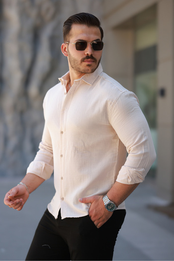 COMBİNE MİCHAİL Men's Linen Look Cream Loose Muslin Shirt