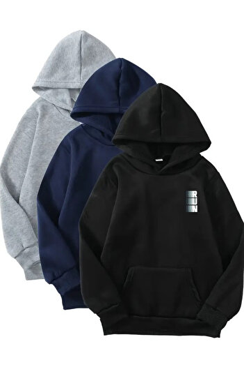 CLAYES 3-Piece Hooded Sweatshirt Set - Minimal Run Printed - Black, Navy Blue, Gray - Winter Embossed Fabric
