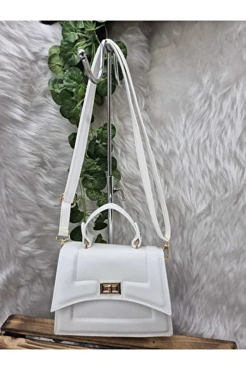 EZZY BLİSS Women's Asymmetrical Cut Quality Leather Lock Detailed Hand Arm Shoulder and Strap Bag - White