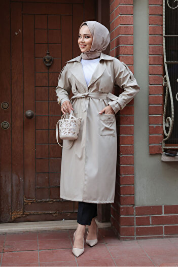 N.S NEVA STYLE Beige Hijab Trench Coat with Belt 10701Bej
