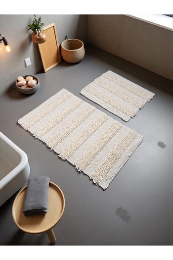 Hülya Home Elysia Cotton Bath Mat Set (60X100)(50X60) Cream---