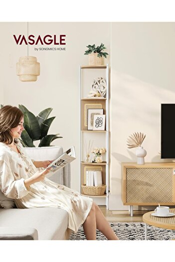VASAGLE Boho corner shelf, metal frame, MDF shelves and polyrattan panels, 32x32x156cm, beige
