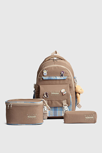 Relaxion Rlx-1396 Set of 3 Children's Primary School Bag Backpack with Pen Holder and Lunch Bag Mink
