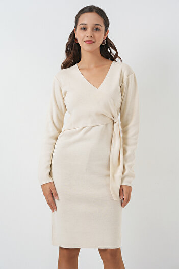 Merterium Women's Double Breasted Collar Knitwear Dress Ecru 1168